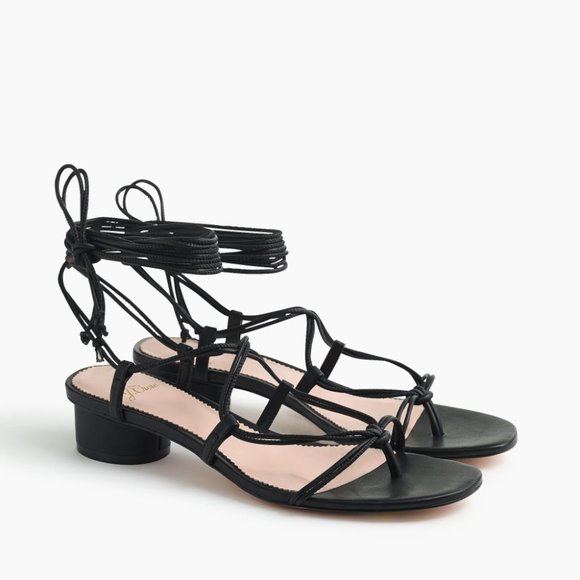 J. Crew Lace Up Strappy Sandals Genuine Leather Open Toe Block Kitten Heel Black